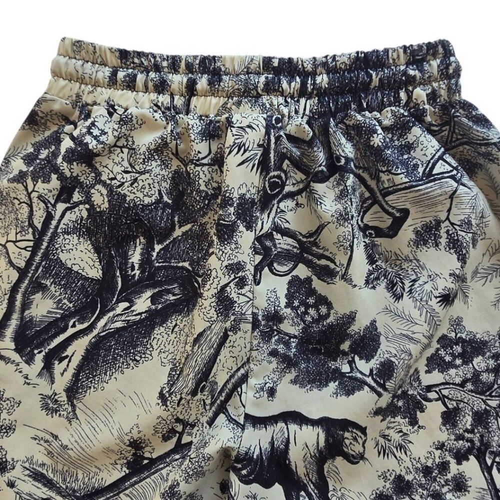 Face Fashion Toile Print Wide-Leg Pants Elastic Waist Cotton Blend Beige/Blue - Picture 4 of 11